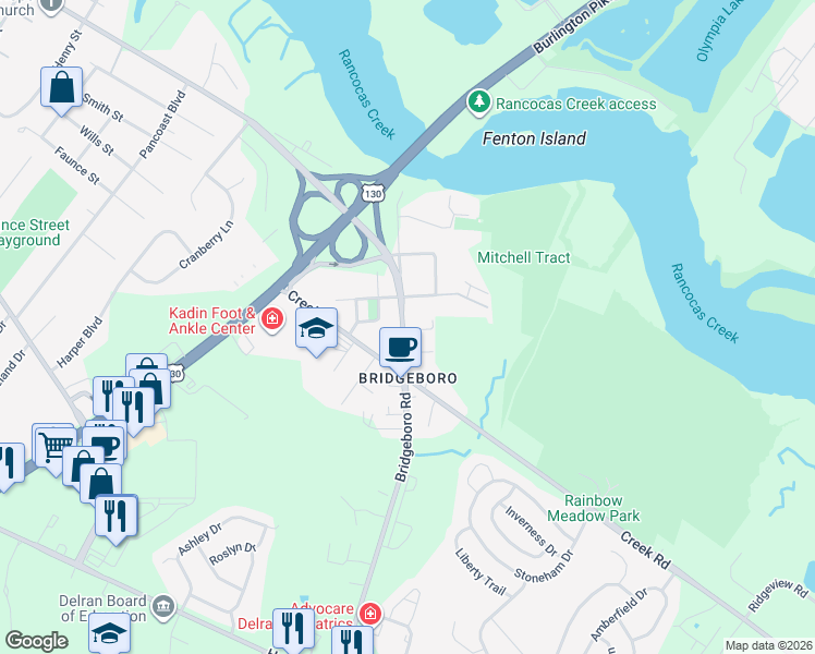 map of restaurants, bars, coffee shops, grocery stores, and more near 41 South Bridgeboro Street in Delran