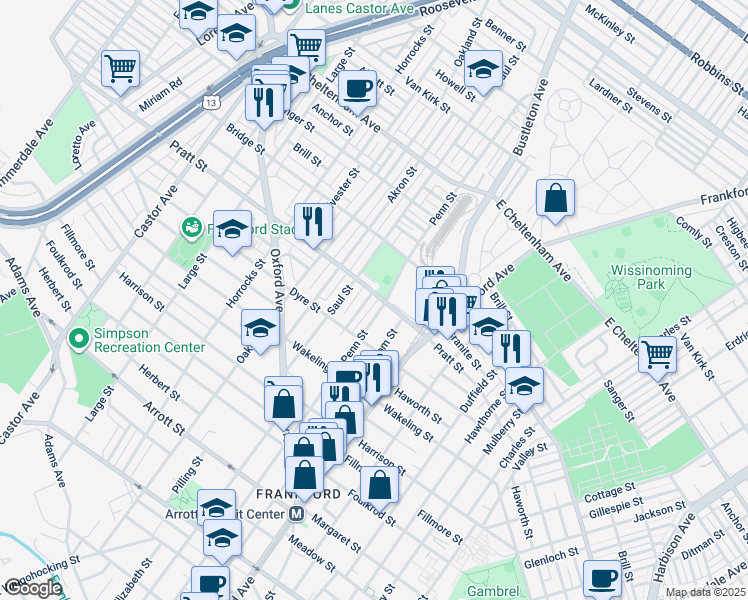map of restaurants, bars, coffee shops, grocery stores, and more near 5155 Leiper Street in Philadelphia