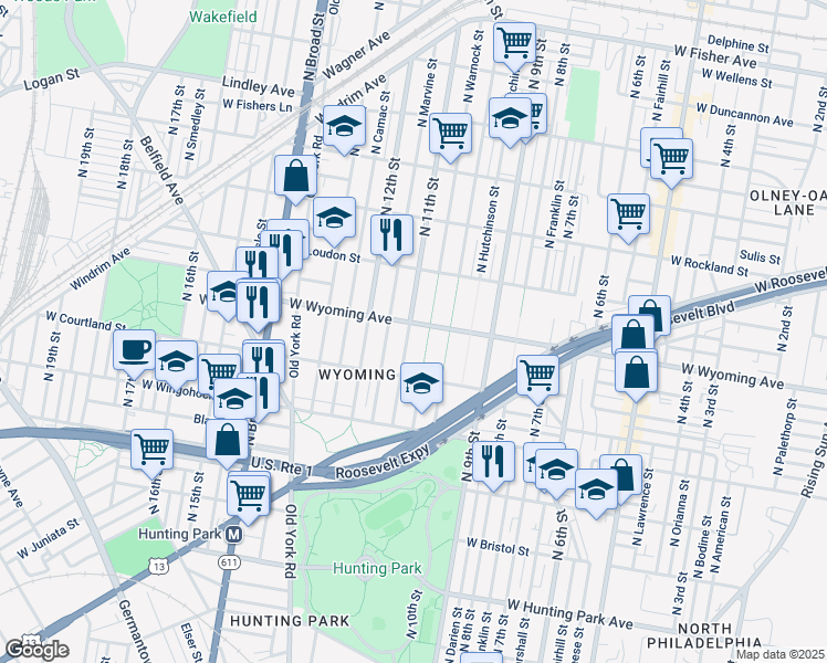 map of restaurants, bars, coffee shops, grocery stores, and more near 1036 West Wyoming Avenue in Philadelphia