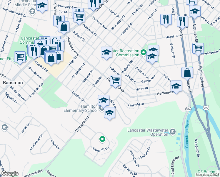 map of restaurants, bars, coffee shops, grocery stores, and more near 1127 Wabank Road in Lancaster