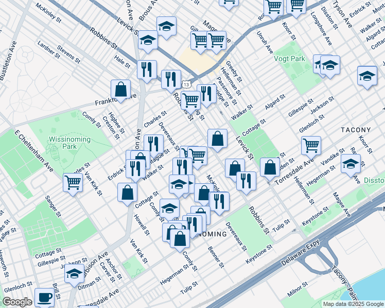 map of restaurants, bars, coffee shops, grocery stores, and more near 6220 Algard St in Philadelphia