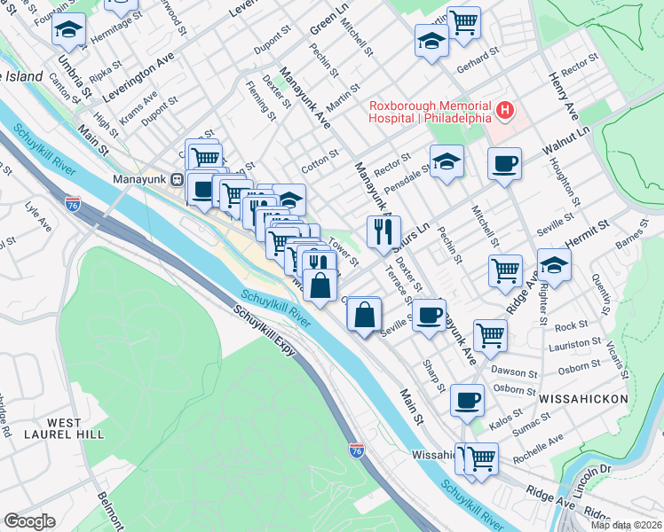 map of restaurants, bars, coffee shops, grocery stores, and more near 118 Shurs Lane in Philadelphia