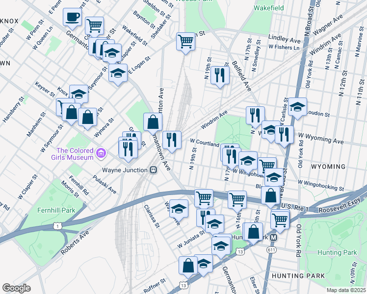 map of restaurants, bars, coffee shops, grocery stores, and more near 4542 North Uber Street in Philadelphia