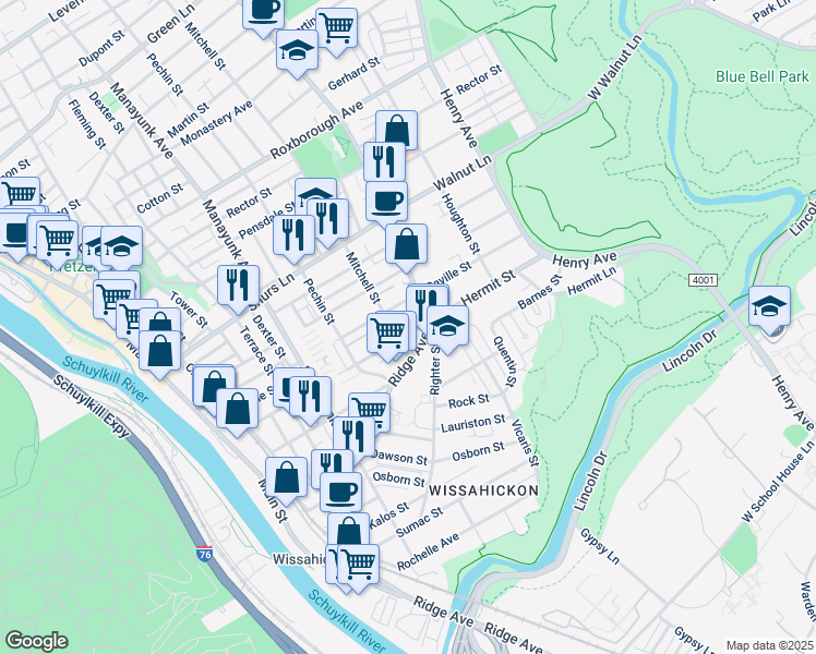 map of restaurants, bars, coffee shops, grocery stores, and more near 5442 Ridge Avenue in Philadelphia