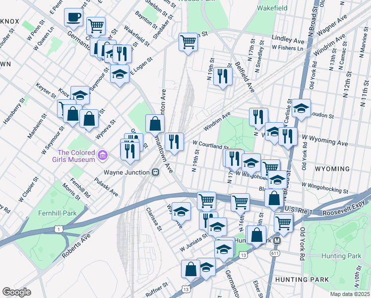 map of restaurants, bars, coffee shops, grocery stores, and more near 4542 North Uber Street in Philadelphia