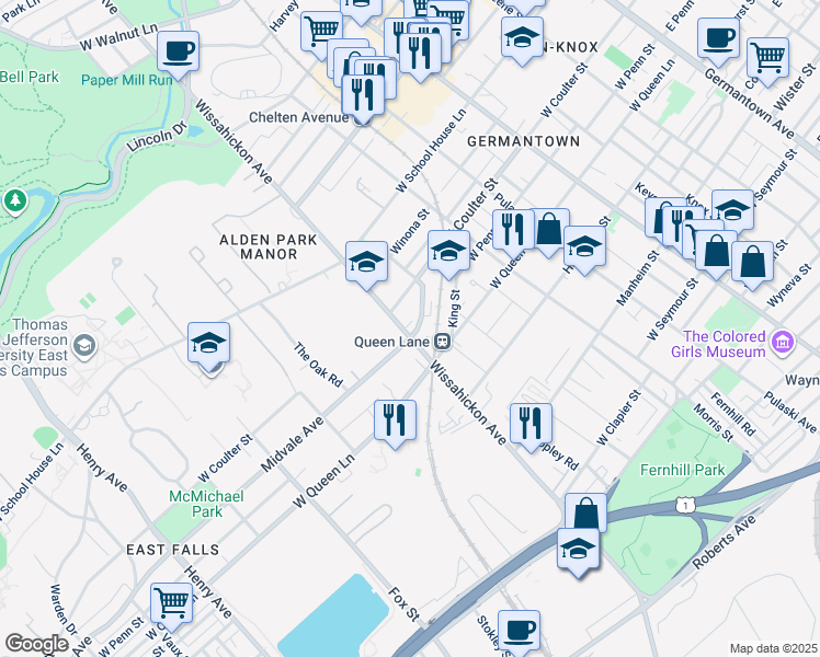 map of restaurants, bars, coffee shops, grocery stores, and more near 5351 Wissahickon Avenue in Philadelphia