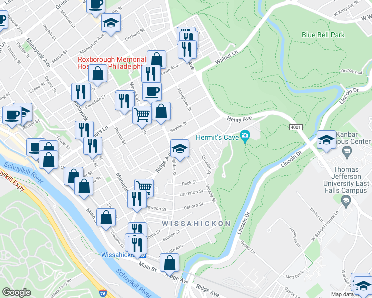 map of restaurants, bars, coffee shops, grocery stores, and more near 5485 Vicaris Street in Philadelphia
