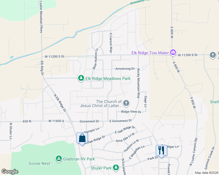 map of restaurants, bars, coffee shops, grocery stores, and more near 1033 North Christley Lane in Elk Ridge