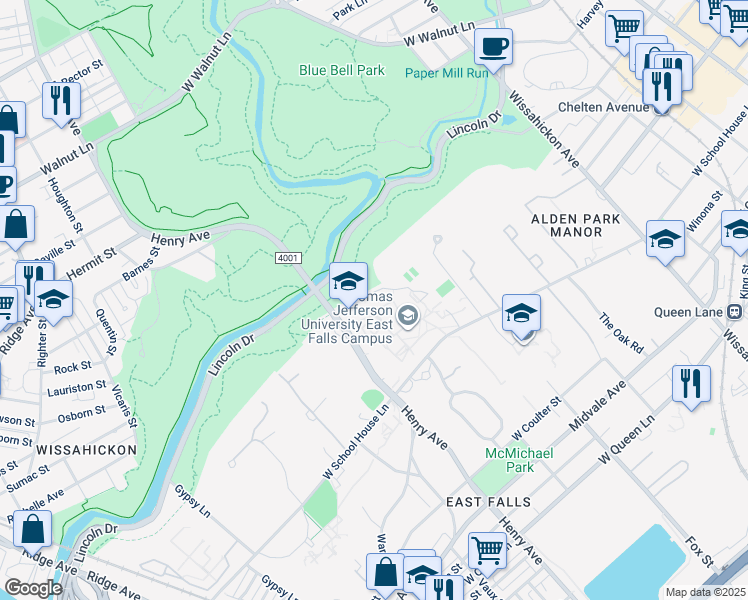 map of restaurants, bars, coffee shops, grocery stores, and more near 4201 Henry Avenue in Philadelphia