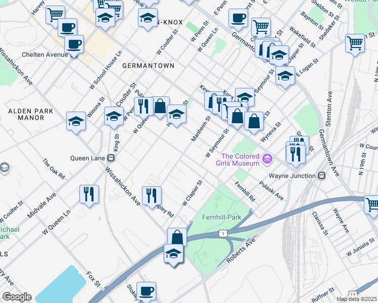 map of restaurants, bars, coffee shops, grocery stores, and more near 332 Manheim Street in Philadelphia