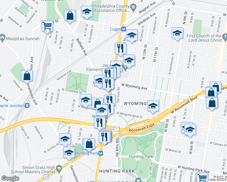 map of restaurants, bars, coffee shops, grocery stores, and more near 4621 North Broad Street in Philadelphia