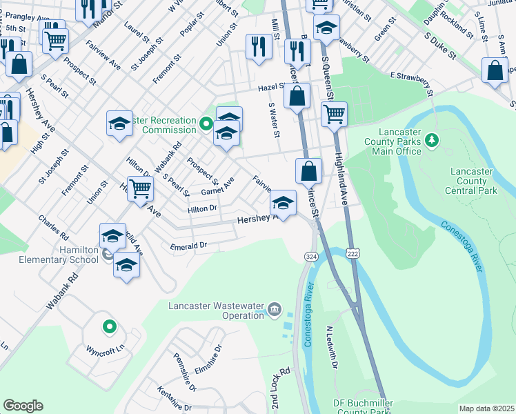 map of restaurants, bars, coffee shops, grocery stores, and more near 695 Topaz Drive in Lancaster