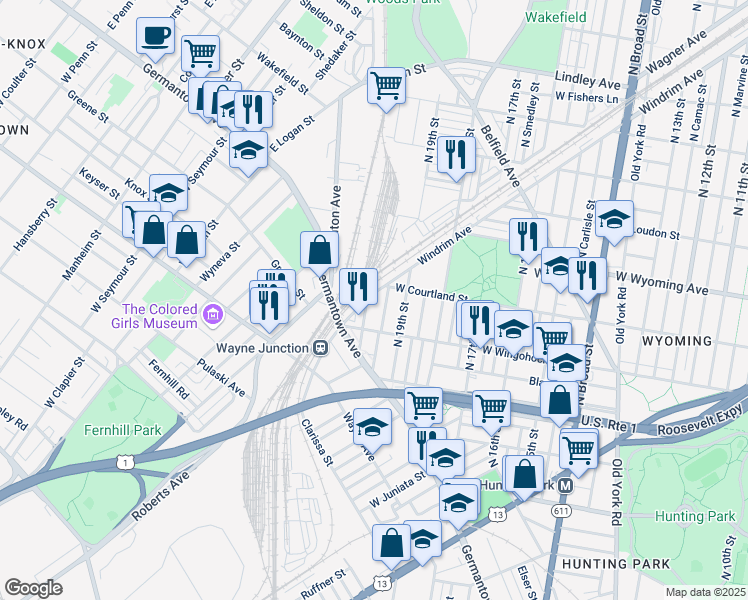 map of restaurants, bars, coffee shops, grocery stores, and more near 4512 North Uber Street in Philadelphia