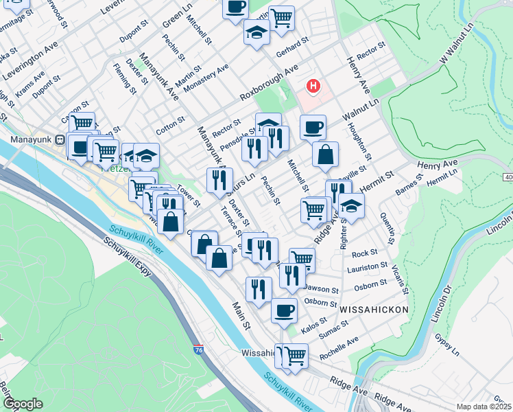map of restaurants, bars, coffee shops, grocery stores, and more near 4015 Manayunk Avenue in Philadelphia