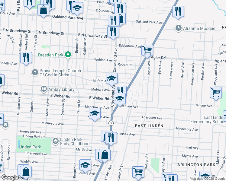 map of restaurants, bars, coffee shops, grocery stores, and more near Cleveland Avenue & Melrose Avenue in Columbus