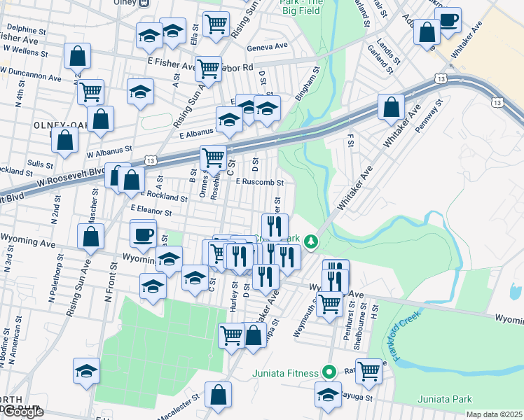 map of restaurants, bars, coffee shops, grocery stores, and more near 4900 Gransback Street in Philadelphia