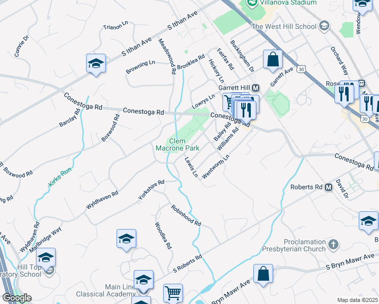 map of restaurants, bars, coffee shops, grocery stores, and more near 329 Rockingham Road in Bryn Mawr