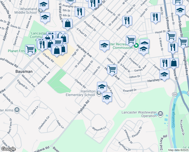 map of restaurants, bars, coffee shops, grocery stores, and more near 1204 Union Street in Lancaster