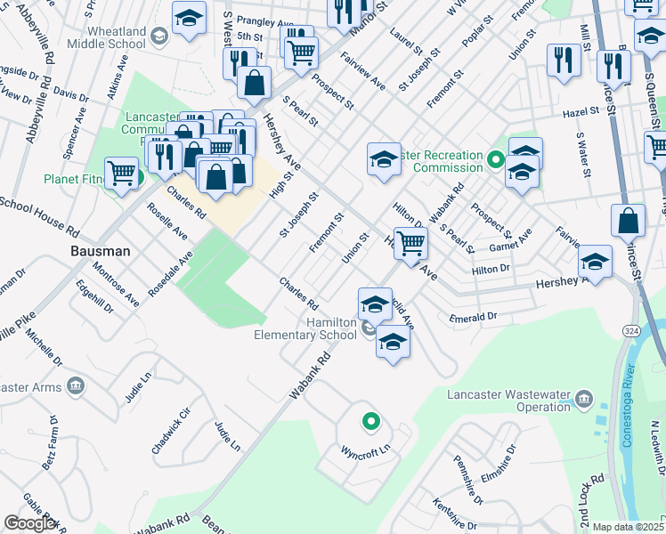 map of restaurants, bars, coffee shops, grocery stores, and more near 1249 Union Street in Lancaster