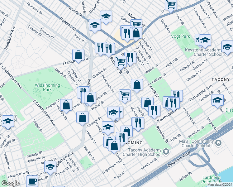 map of restaurants, bars, coffee shops, grocery stores, and more near 4301 Devereaux Street in Philadelphia