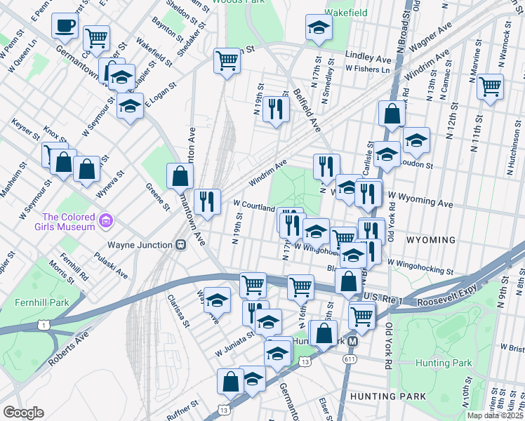 map of restaurants, bars, coffee shops, grocery stores, and more near 1806 West Courtland Street in Philadelphia