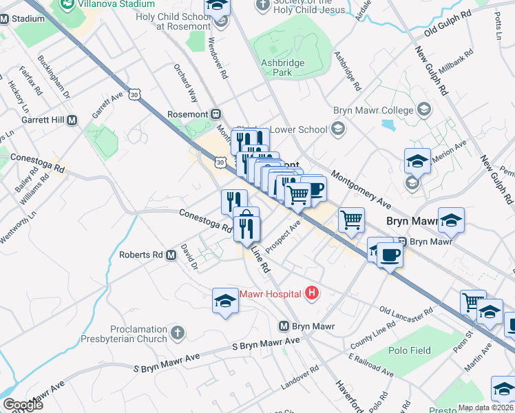 map of restaurants, bars, coffee shops, grocery stores, and more near 1031 County Line Road in Bryn Mawr