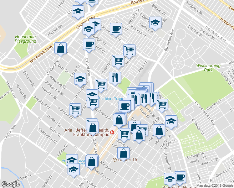 map of restaurants, bars, coffee shops, grocery stores, and more near 5150 Leiper Street in Philadelphia