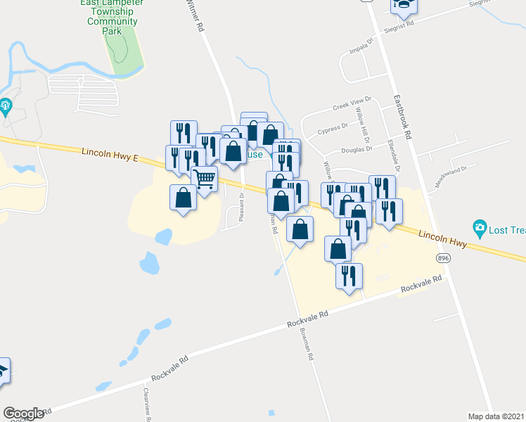 map of restaurants, bars, coffee shops, grocery stores, and more near 6 Bowman Road in Lancaster