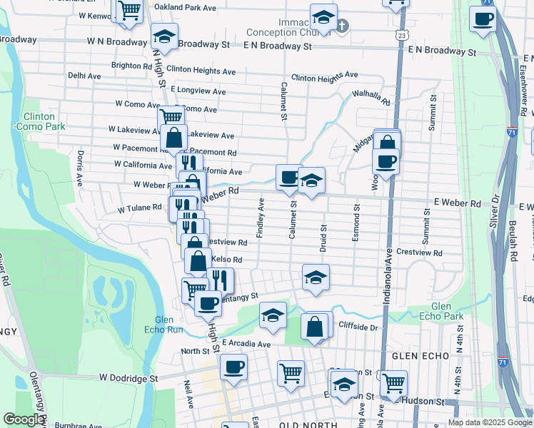 map of restaurants, bars, coffee shops, grocery stores, and more near 177 East Tulane Road in Columbus