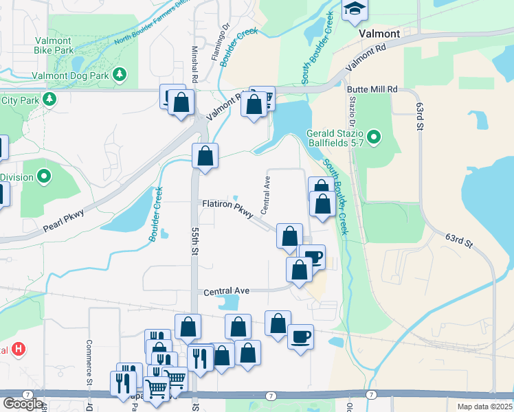 map of restaurants, bars, coffee shops, grocery stores, and more near 5576-5652 Flatiron Parkway in Boulder