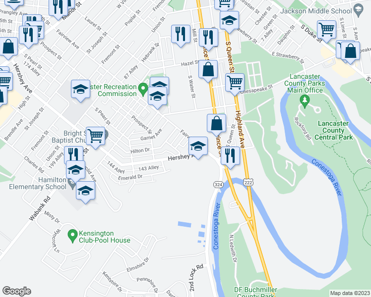 map of restaurants, bars, coffee shops, grocery stores, and more near 843 Lucilla Court in Lancaster