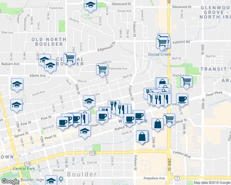 map of restaurants, bars, coffee shops, grocery stores, and more near 2320 Pine Street in Boulder