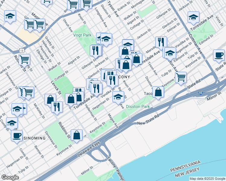 map of restaurants, bars, coffee shops, grocery stores, and more near 6634 Hegerman Street in Philadelphia