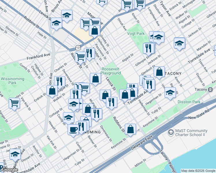 map of restaurants, bars, coffee shops, grocery stores, and more near 6348 Glenloch Street in Philadelphia