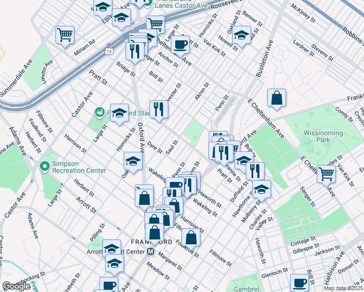 map of restaurants, bars, coffee shops, grocery stores, and more near 5150 Leiper Street in Philadelphia