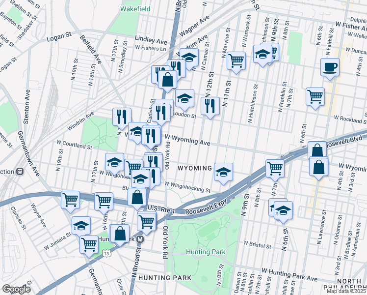 map of restaurants, bars, coffee shops, grocery stores, and more near 4612 North Camac Street in Philadelphia