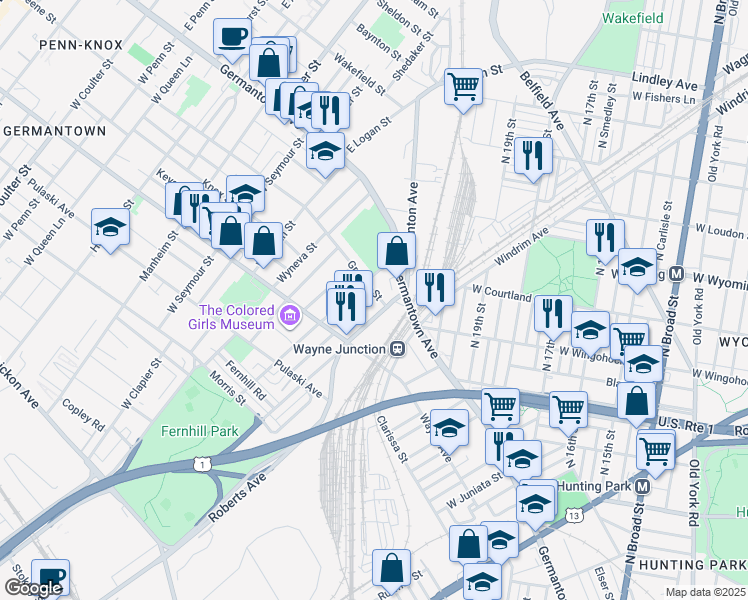 map of restaurants, bars, coffee shops, grocery stores, and more near 130 Berkley Street in Philadelphia