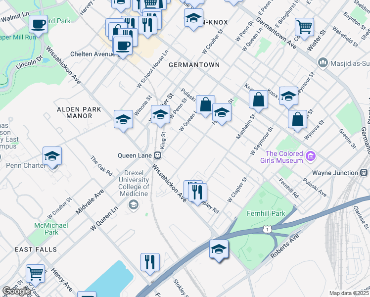 map of restaurants, bars, coffee shops, grocery stores, and more near 501 Hansberry Street in Philadelphia