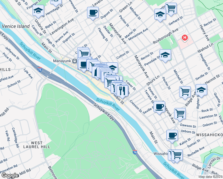 map of restaurants, bars, coffee shops, grocery stores, and more near 4169 Main Street in Philadelphia