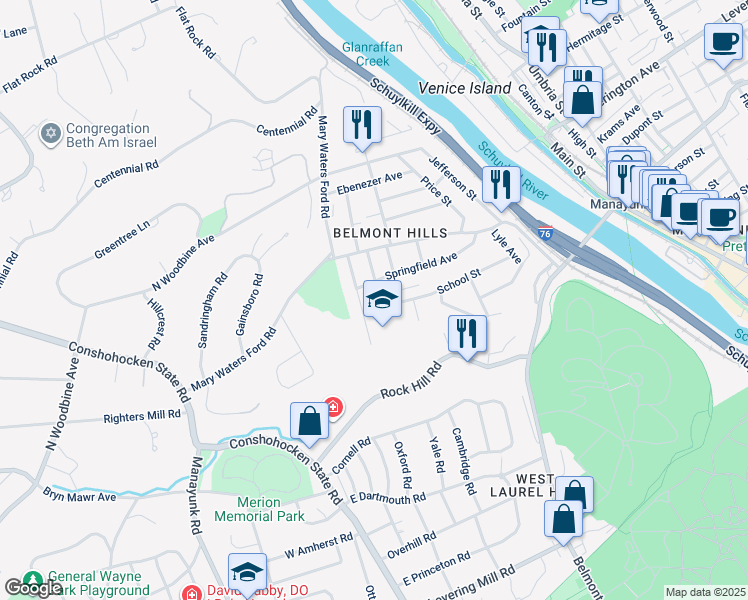 map of restaurants, bars, coffee shops, grocery stores, and more near 42 South Washington Avenue in Bala Cynwyd