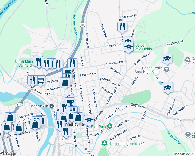 map of restaurants, bars, coffee shops, grocery stores, and more near 412 North Penn Street in Connellsville