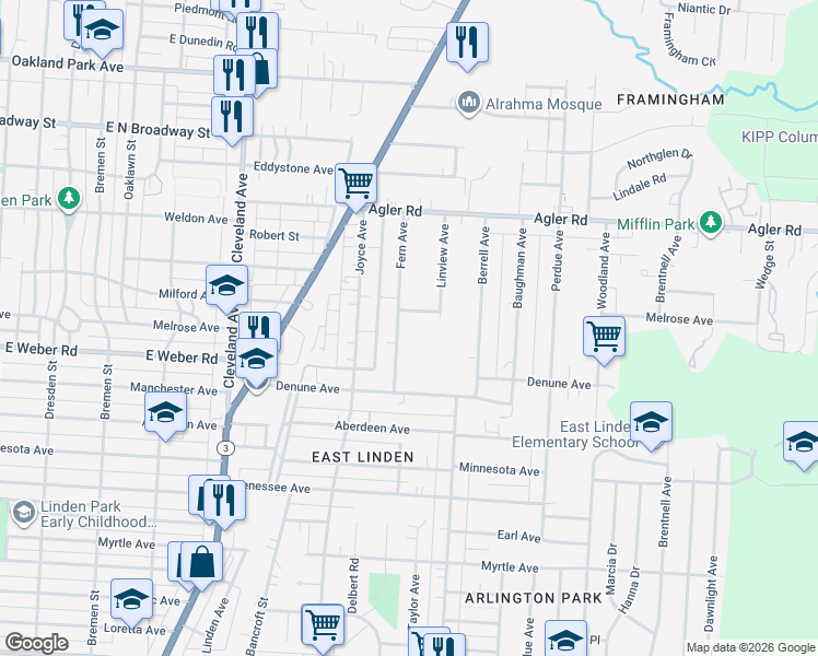 map of restaurants, bars, coffee shops, grocery stores, and more near 2698 Fern Avenue in Columbus