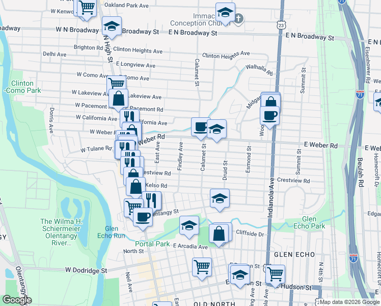 map of restaurants, bars, coffee shops, grocery stores, and more near 177 East Tulane Road in Columbus