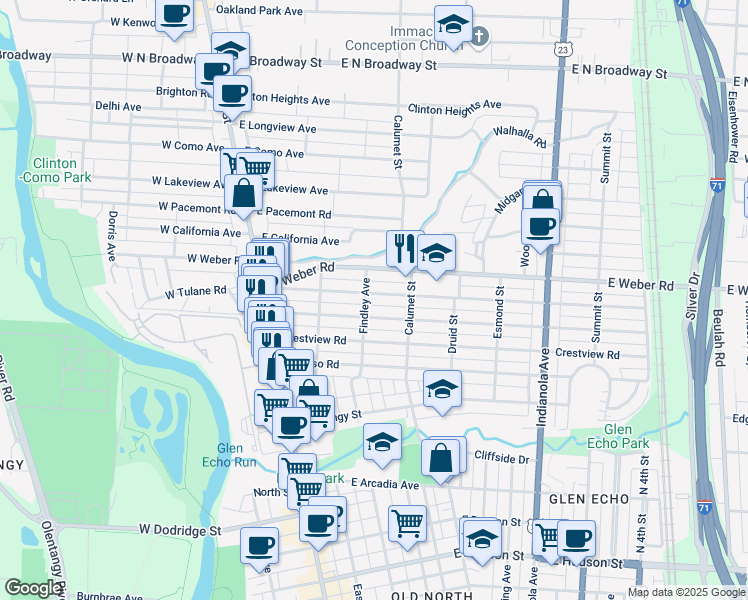 map of restaurants, bars, coffee shops, grocery stores, and more near 177 East Tulane Road in Columbus