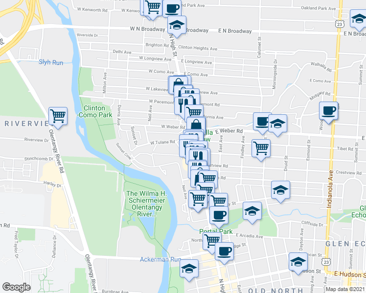 map of restaurants, bars, coffee shops, grocery stores, and more near 29 West Tulane Road in Columbus