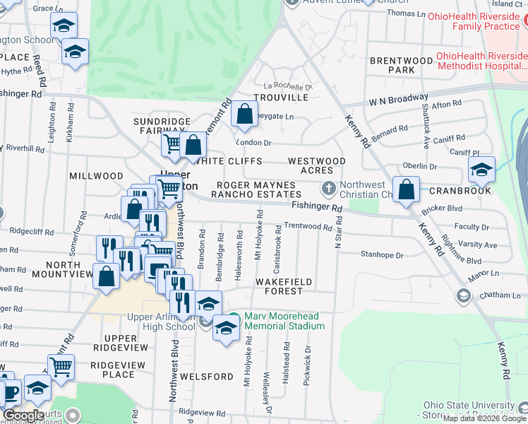 map of restaurants, bars, coffee shops, grocery stores, and more near 1465 Trentwood Road in Columbus