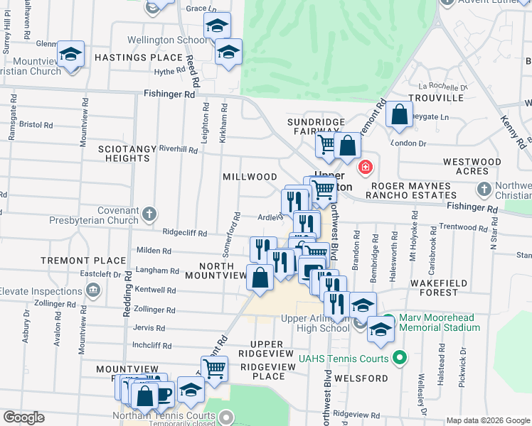 map of restaurants, bars, coffee shops, grocery stores, and more near 1752 Ridgecliff Road in Upper Arlington