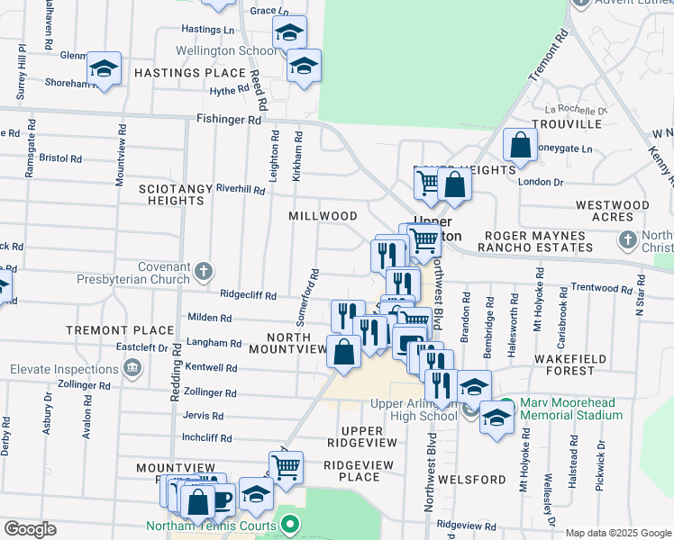 map of restaurants, bars, coffee shops, grocery stores, and more near 1842 Ridgecliff Road in Upper Arlington
