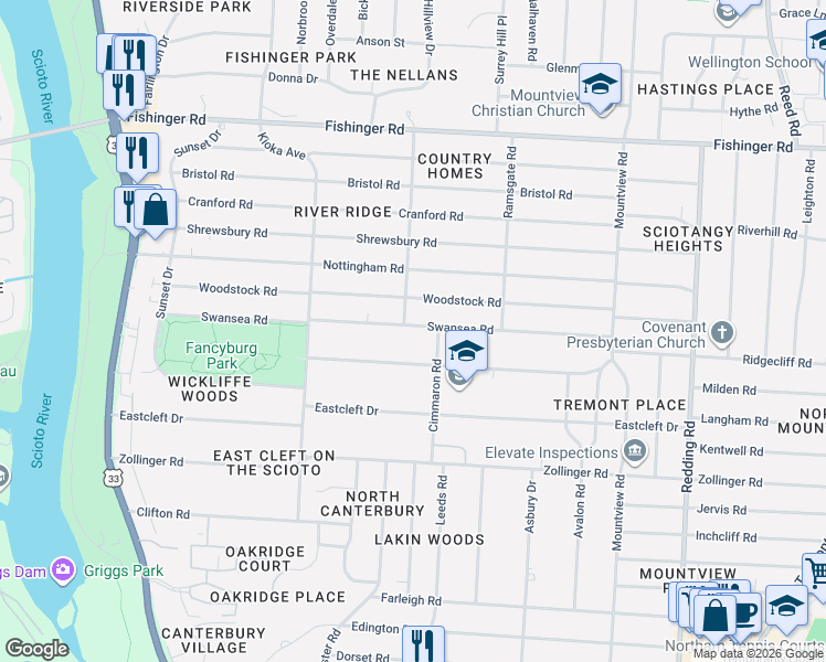 map of restaurants, bars, coffee shops, grocery stores, and more near 2490 Wickliffe Road in Columbus