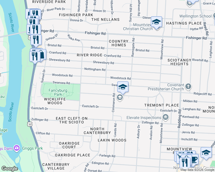 map of restaurants, bars, coffee shops, grocery stores, and more near 2490 Wickliffe Road in Columbus